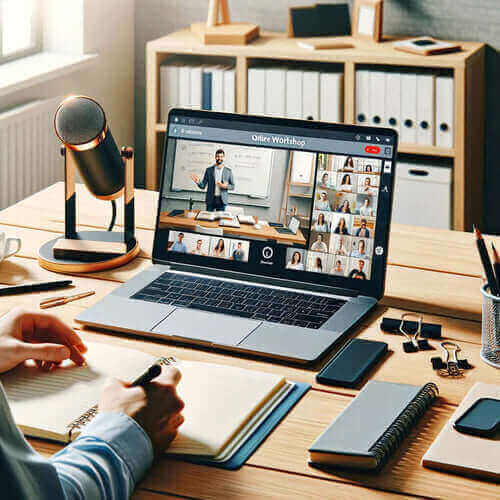 Laptop showing an online workshop on a desk, highlighting "Idei sa Faci Bani de Acasa" for online business growth.