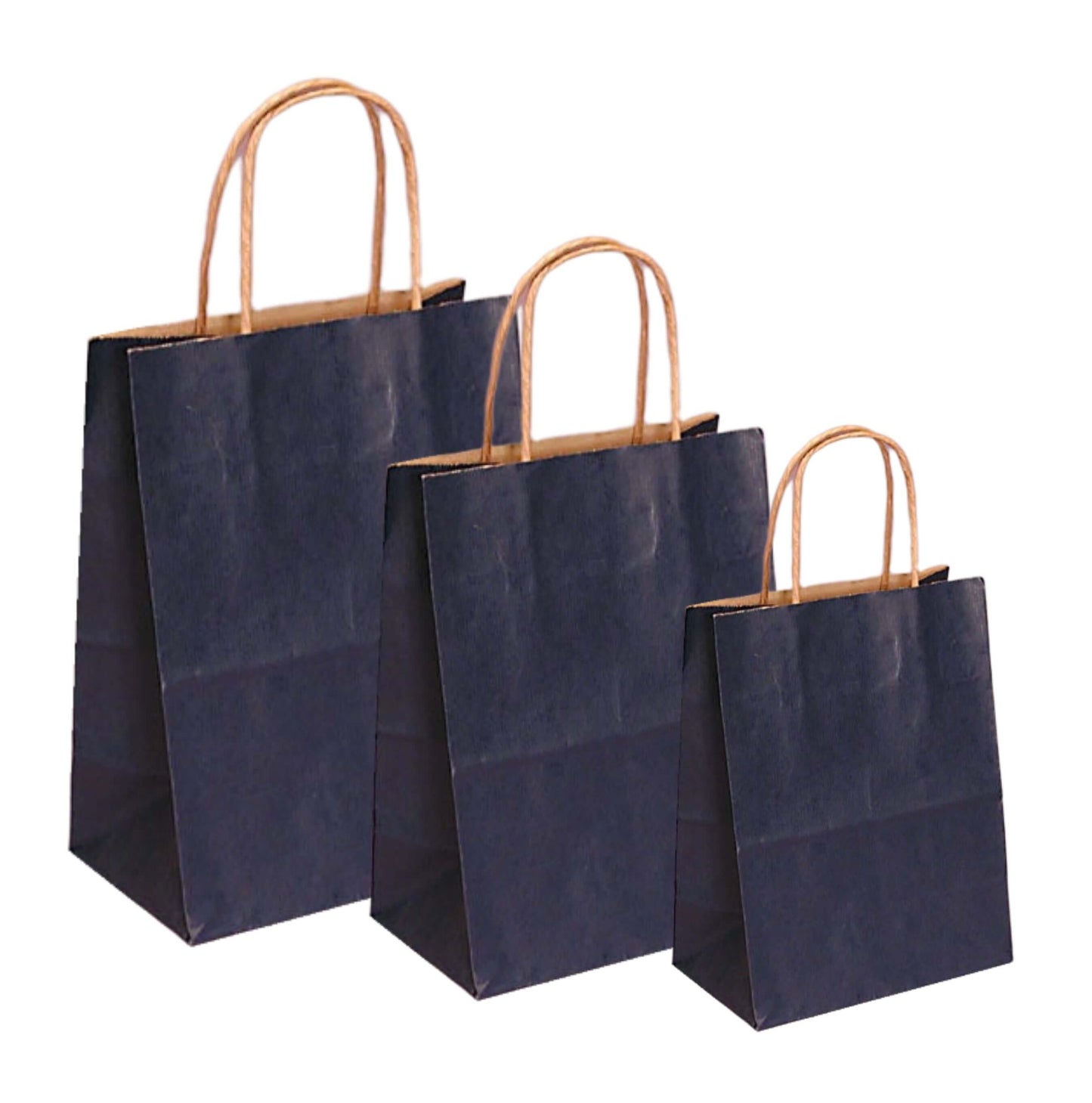 Set of blue paper bags with twisted handles, 100% recyclable, ideal for retail and events, three different sizes.
