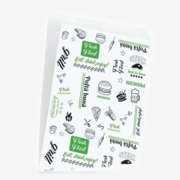 Coltar alb cerat FRESH 16.5x17 - hârtie albă cu design modern pentru livrări și servire la fast-food.