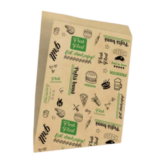 Coltar maro cerat FRESH 16.5x17 cm - 2000 buc, hartie natur decorata cu imagini de alimente.