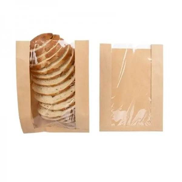 Punga hartie cu fereastra Paine 23x4x33cm cu produs de panificație vizibil în interior.