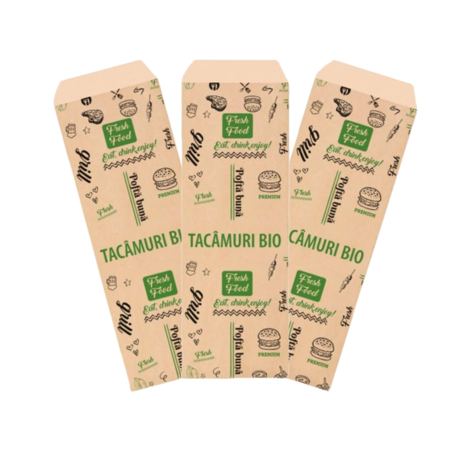 Set of three eco-friendly paper bags for utensils featuring food-themed designs and "TACĂMURI BIO" text.