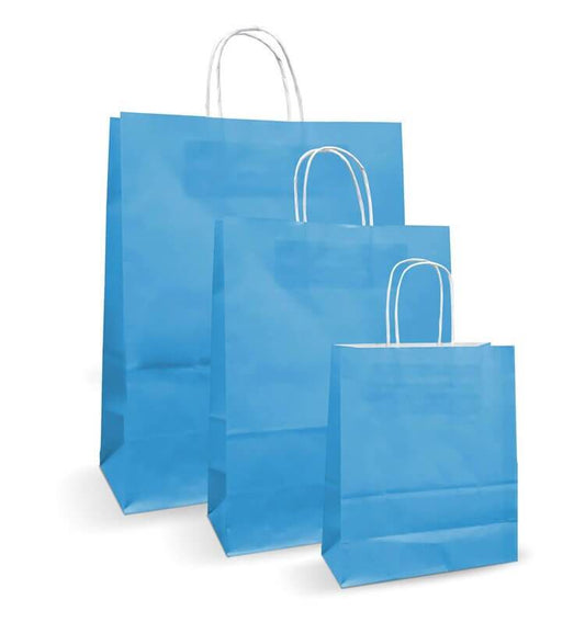 Pungi albe colorate albastru deschis 25X14X30 in diverse dimensiuni, ambalaje elegante pentru afaceri.