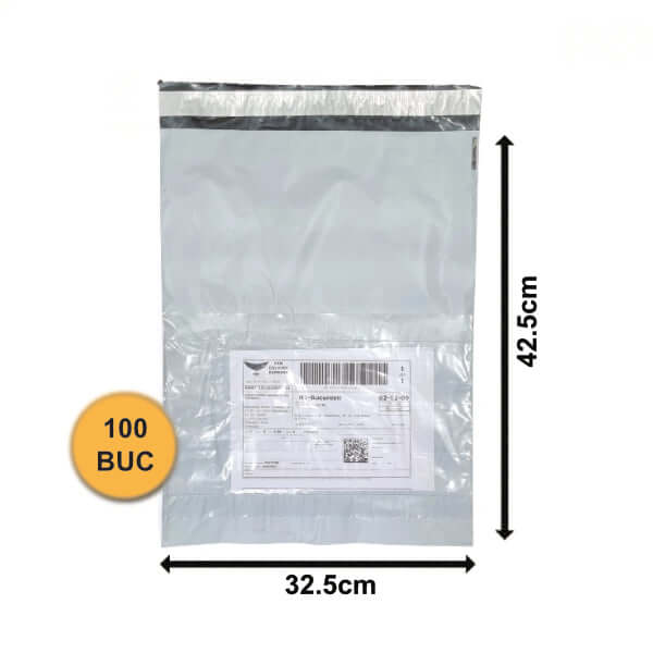 Set de 100 pungi curierat cu buzunar pentru AWB, dimensiuni 325x425+50mm, material polietilenă 60my.