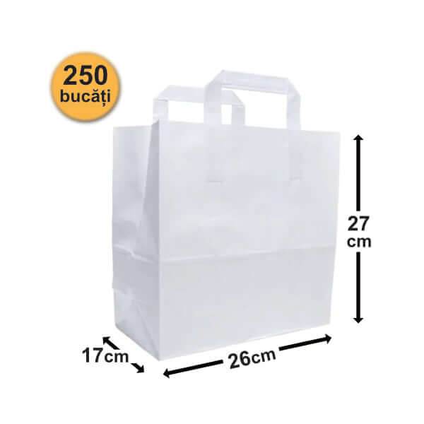 Pungi Hârtie 26x17x27 Cm, Albe, Mâner Plat - 250 buc - Trimaton
