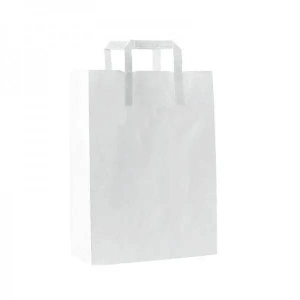Pungi Hârtie 26x17x27 Cm, Albe, Mâner Plat - 250 buc - Trimaton