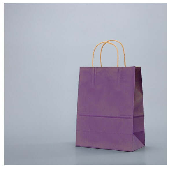 Pungi hartie maro colorate lila 32x12x41 cu mânere galbene, ambalaje elegante, ecologice, 100 buc.
