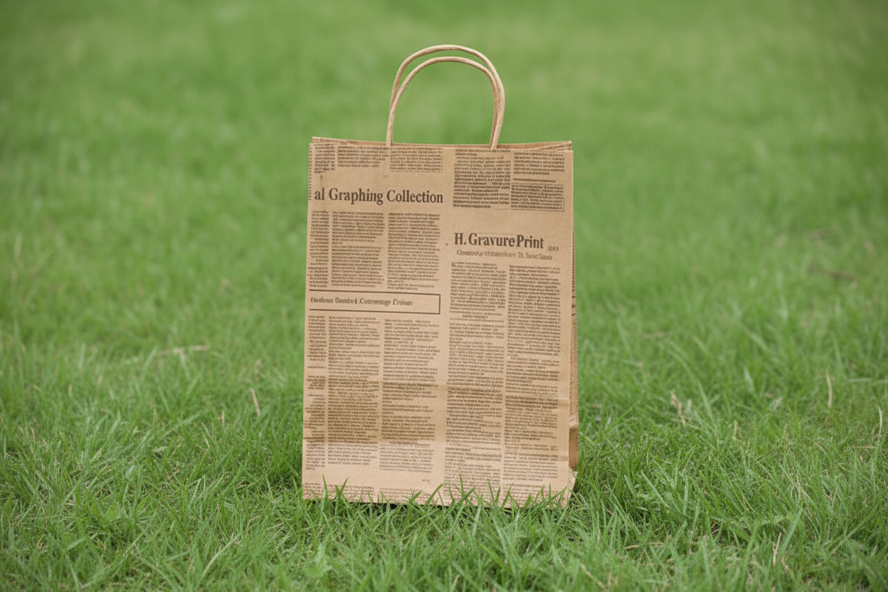 Pungi hartie ziar cu maner sfoara 25X10X30cm - set de 3 pungi cu imprimeu ziar si maner din sfoara, ideale pentru evenimente.