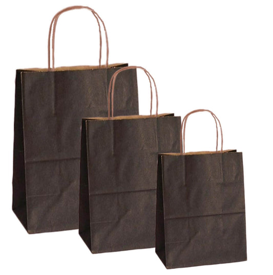 Pungi natur colorate negru 20x9x25cm - 100 buc., pungi de hârtie negre cu mânere răsucite, ideale pentru evenimente