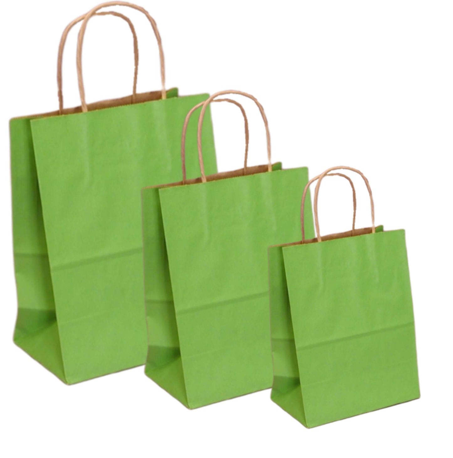 Pungi de hârtie verde deschis, 100% reciclabile, cu mânere răsucite, disponibile în trei dimensiuni.