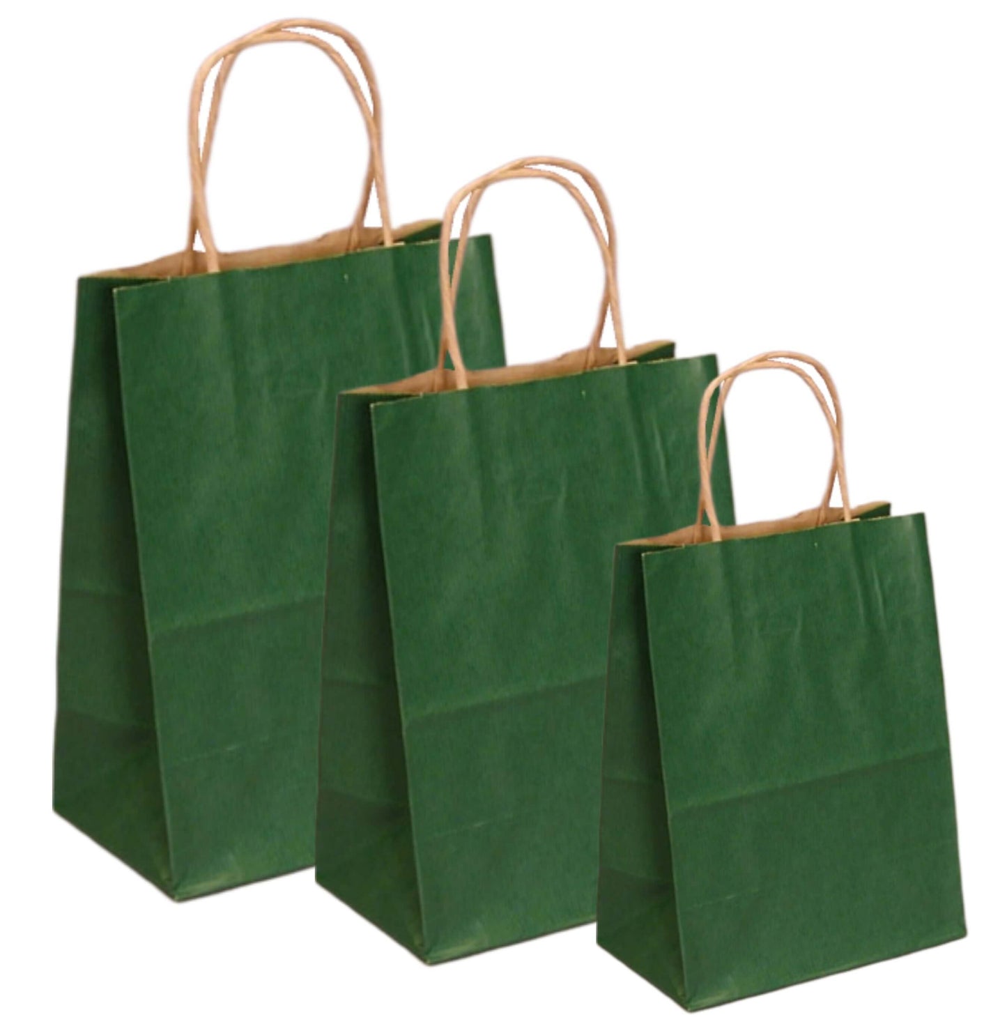 Set de pungi de hârtie verde închis cu mânere răsucite, 100% reciclabile, pentru diverse utilizări.