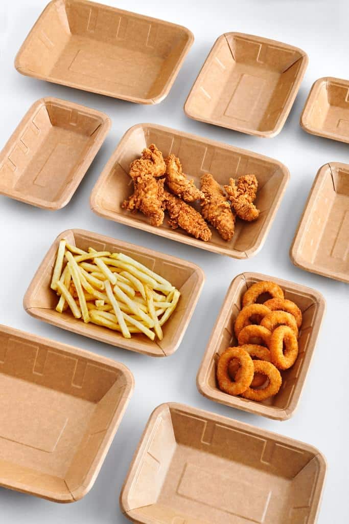 Ambalaje unica folosinta - carton featuring food containers for fries, chicken wings and onion rings.