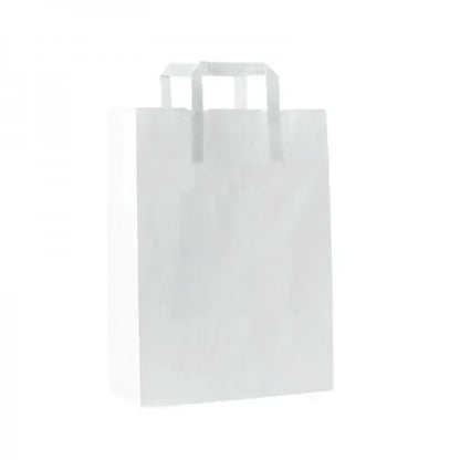 Pungi Hârtie 26x17x27 Cm, Albe, Mâner Plat - 250 buc