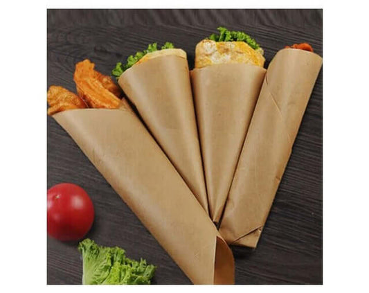 Natural grease-resistant paper cones holding kebabs, sandwiches, and fresh veggies for food packaging.