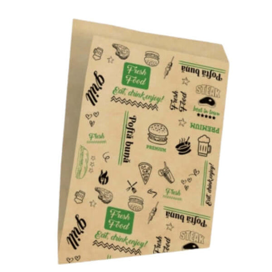 Coltar maro cerat FRESH 16.5x17 cm - 2000 buc, hartie natur decorata cu imagini de alimente.