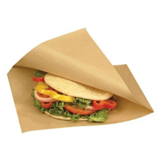 Natural paper wrapping for a sandwich with fresh vegetables, suitable for fast food and catering services.