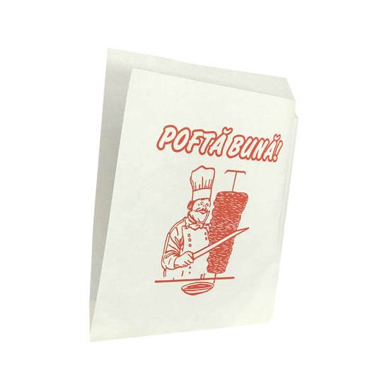 Coltar hartie Kebap alb cu ilustratie de bucatar si text 'POFTĂ BUNĂ!' pentru livrari fast-food.
