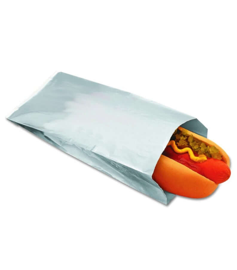 Punga albă universală de hârtie cu un hot dog, dimensiuni 14x5x25 cm, ambalaj eco-friendly.