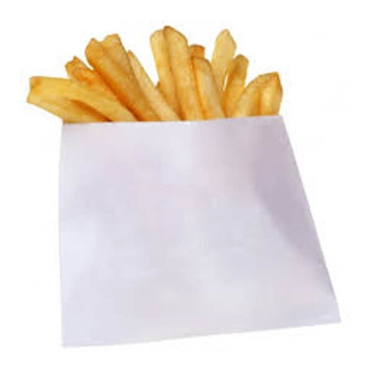 White grease-resistant paper bag with fries, modern design for serving fried food.