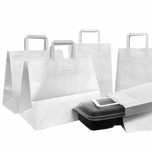 Punga hartie, alba, cu maner plat - 34x18x31cm - 250 buc.