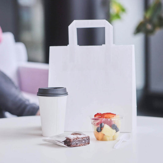 Punga hartie alba cafea 22x11x28cm cu cafea, desert si fructe, ambalaj elegant pentru produse alimentare.