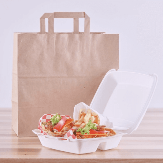 Punga hartie natur cu maner plat 32x17x38cm - 250 buc, ambalaj pentru produse alimentare.