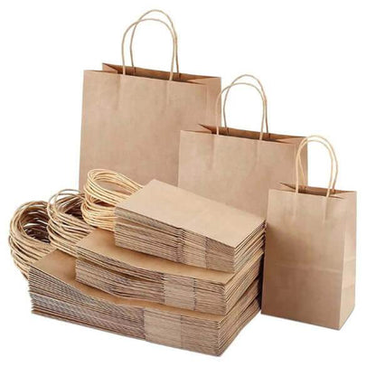 Punga hartie natur cu maner sfoara 25x14x30cm - set 100 bucati de pungi kraft cu maneri din sfoara.