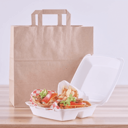 Punga hartie natur, delivery, take away, cu maner plat, 6 dimensiuni disponibile - 26x17x25cm - 250 bucati / set - Trimaton