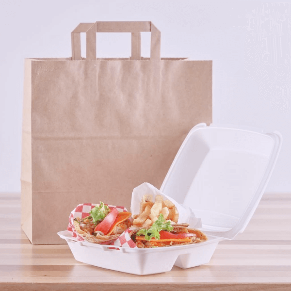 Punga hartie natur cu maner, cutie mancare, design elegant pentru livrare, take away, 6 dimensiuni disponibile.
