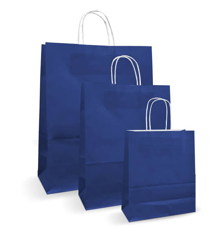 Pungi de hârtie albastru închis cu mânere răsucite, set de 3 dimensiuni, 100% reciclabil.