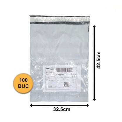 Set de 100 pungi curierat cu buzunar pentru AWB, dimensiuni 325x425+50mm, material polietilenă 60my.