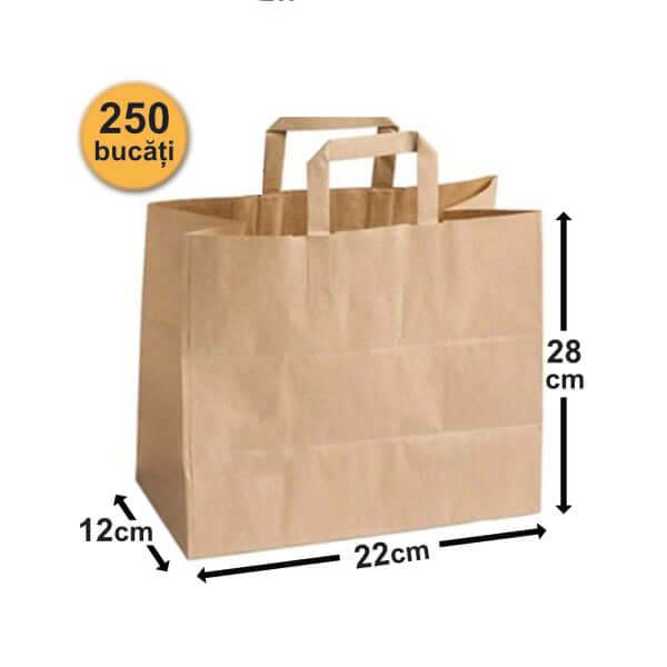 Pungi Hârtie 22x12x28 Cm, Kraft, Mâner Plat - 250 buc - Trimaton