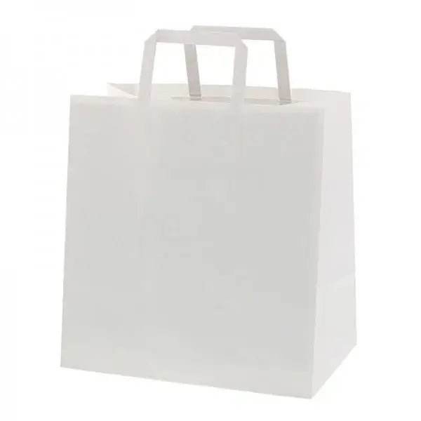 Pungi Hârtie 26x17x27 Cm, Albe, Mâner Plat - 250 buc - Trimaton