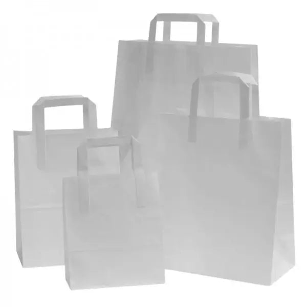 Pungi Hârtie 26x17x27 Cm, Albe, Mâner Plat - 250 buc