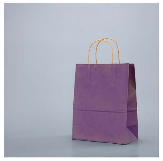 Pungi hartie maro colorate lila 32x12x41 cu mânere galbene, ambalaje elegante, ecologice, 100 buc.