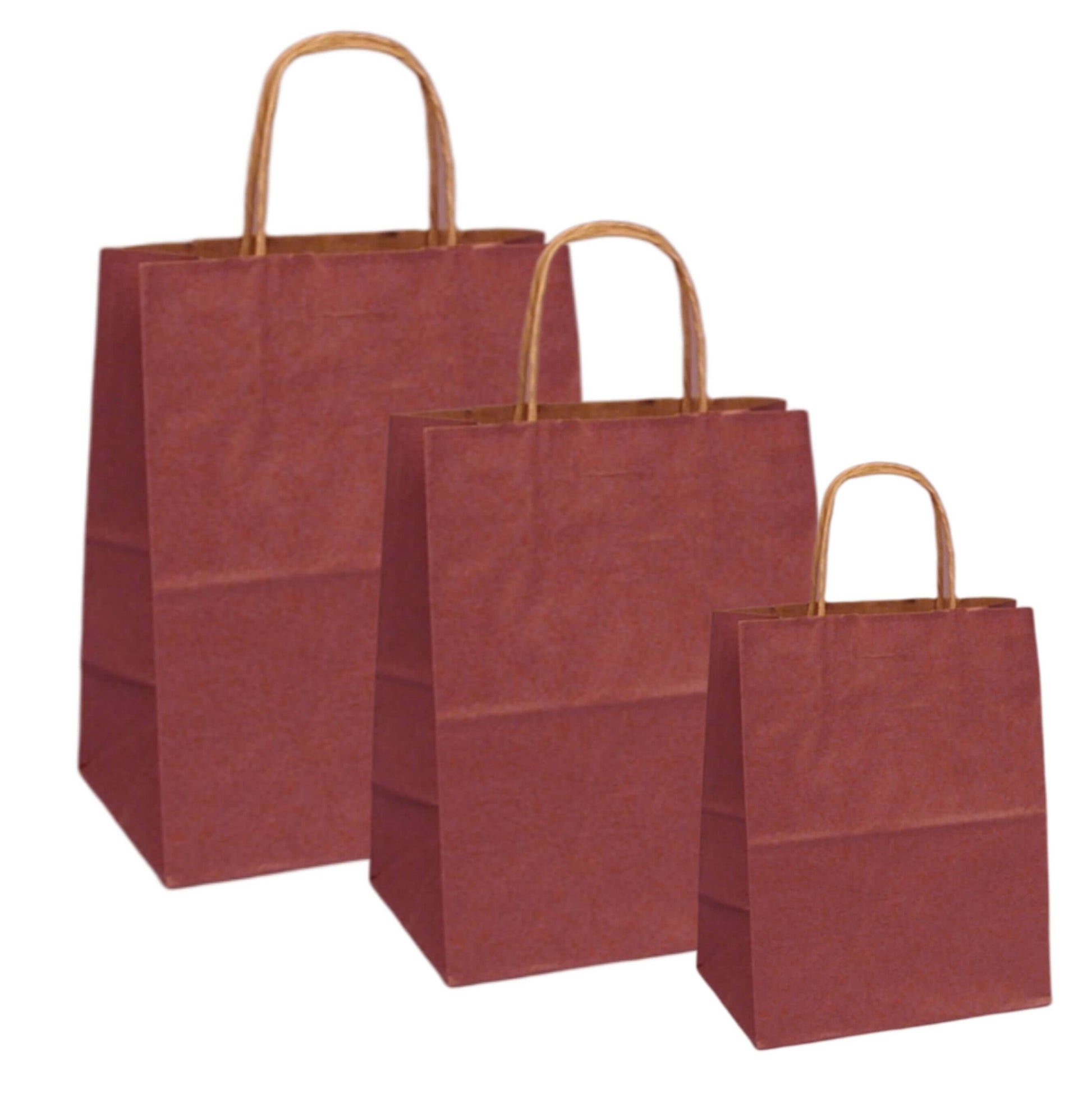 Set of three natural kraft burgundy paper bags with twisted handles, perfect for retail and events.