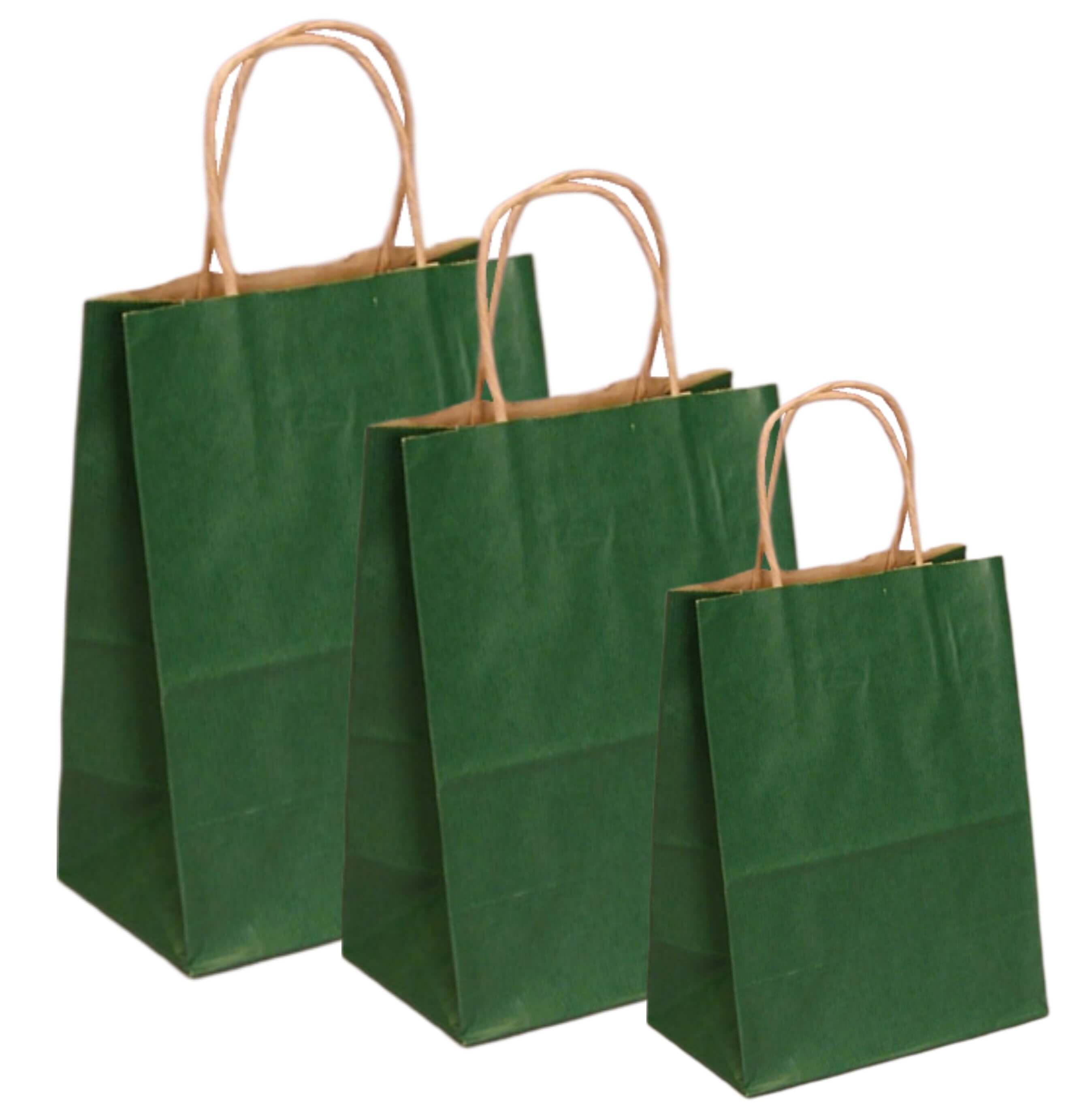 Pungi de hârtie verde închis cu mânere răsucite, reciclabile și biodegradabile, set de 3 dimensiuni.