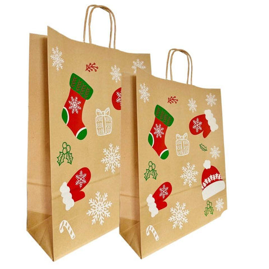 Sacosa natur Xmas - 20x9x25cm, set 100 buc, saci de hârtie festive pentru Crăciun, design elegant.